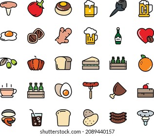 Fodd color icon set - hot cup, cherry cake piece, sausage on fork, clam, olives, sausages, beer box, champagne, coffee love, ham, eggs yolk, omelette, mug, soda glass, bread, sanwich, cookies, foam