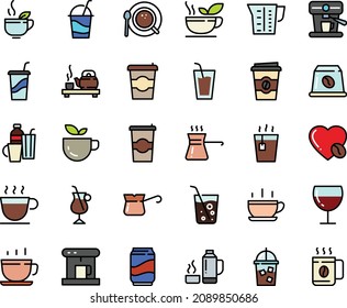 Fodd color icon set - hot cup, coffee to go, green tea, drink, ceremony, wine glass, cocktail, coffe maker, iced, top view, turkish, irish, love, machine, capsule, beaker, drinks, thermo flask, soda