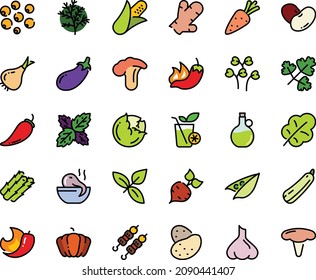 Fodd color icon set - hot pepper, octopus soup, kebab, basil, olive oil, smoothies, potato, carrot, beet, corn, asparagus, peas, cabbage, onion, pumpkin, eggplant, salad leaf, beans, squash, chili