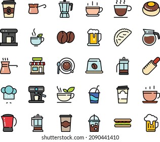 Fodd color icon set - hot cup, beer, cafe, sandwich, coffee to go, french dog, green tea, chef hat, calsone, pot, cocktail, press, coffe maker, iced, top view, turkish, machine, beans, capsule