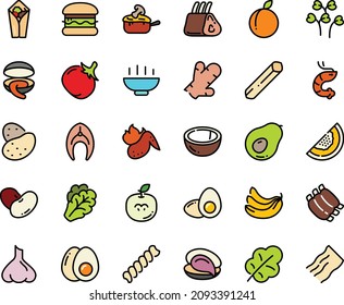 Fodd color icon set - Hot Bowl, burger, burito, clam, oyster, shrimp, julienne, ribs, fish steak, chicken wing, eggs yolk, egg, potato, arugula, tomato, salad leaf, beans, banana, plum, coconut