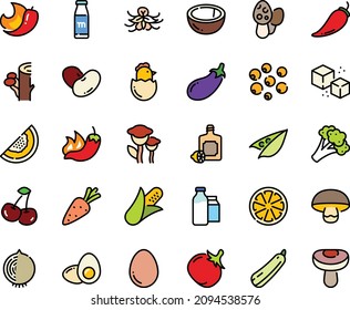 Fodd Color Icon Set - Hot Pepper, Lemoncello, Refined Sugar, Milk Bootle And Pack, Egg, Chick, Yolk, Bottle, Carrot, Corn, Peas, Broccoli, Tomato, Eggplant, Beans, Squash, Cherry, Citrus, Coconut