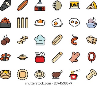 Fodd color icon set - hot dog, pizza piece, octopus soup, chinese pasta, sashimi, shrimp, temaki, gunkan, in pan, ravioli, sausage, pancakes, chicken leg, meatballs, chef hat, kitchen, omelette