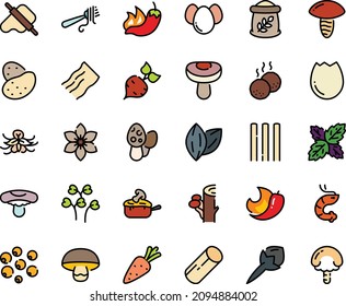 Juego de iconos de color de los ingredientes: pimiento caliente, gambas, masa y alfiler, tenedor con pasta, juliana, albóndigas, huevo brocado, huevos, bolsa de harina, papa, zanahoria, remolacha, chile, clavos, comino, anís estrellado, albahaca