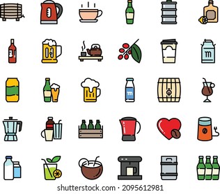 Fodd color icon set - hot cup, tea ceremony, lemoncello, coffee pot, beer box, milk tank, coffe maker, mill, tree, irish, love, bootle and pack, drinks, kettle, bottle, mug, coconut cocktail, wine