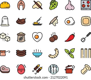 Fodd color icon set - Hot Bowl, meat, kebab, dough and rolling pin, basil, sausages, butter knife, turkish coffee, refined sugar, chicken, fish steak, meatballs, cooking pan, whisk, fork spoon plate
