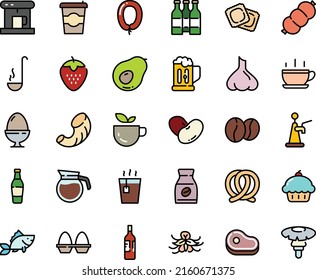 Fodd color icon set - hot cup, coffee to go, meat, cupcake, green tea, ravioli, pretzel, sausage, coffe maker, instant, beans, fish, ladle, egg stand, pot, beer mug, wine bottle, tap, strawberry