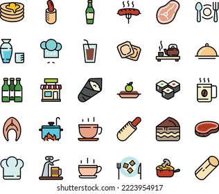 Fodd color icon set - hot cup, plate spoon fork, chief hat, cafe, drink, french dog, tea ceremony, sushi roll, rice vodka, temaki, chef, coffee, ravioli, steak, charlotte cake, cheese, julienne, tap