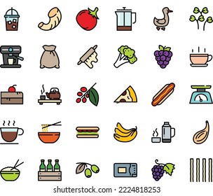 Fodd Color Icon Set - Hot Cup, Cherry Cake Piece, Dog, Sandwich, Pizza, Rice Bowl, Funchose, Tea Ceremony, Olives, Grape, Goose, Coffee, Iced, French Press, Tree, Machine, Rolling Pin, Thermo Flask