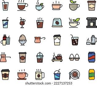 Fodd color icon set - hot cup, coffee to go, green tea, drink, ceremony, cocktail, coffe maker, iced, top view, turkish, irish, capsule, egg stand, drinks, thermo flask, soda, glass, paper