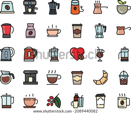 Fodd color icon set - hot cup, coffee to go, green tea, pot, croissant, french press, coffe maker, iced, mill, turkish, tree, instant, irish, love, machine, capsule, kettle, drinks, paper