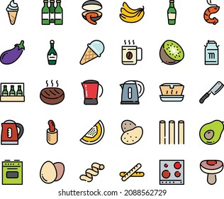 Fodd Color Icon Set - Ice Cream, Lunch Box, Clam, Shrimp, Milk Tank, Champagne, French Hot Dog, Coffee Pot, Cutlet, Kettle, Stove, Top View, Chef Knife, Egg, Cup, Baguette, Beer Bottle, Pack, Potato