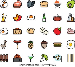 Farbensymbole für Lebensmittel - Fleisch, Sandwich, Würstchen auf Gabel, Gunkan, Käse, Brot, Omelette, Eiche, Teller, Meringue, Gans, raffinierter Zucker, Bratwurst, Bbq, Rippen, Cocktail, Champagner, Bierhahn