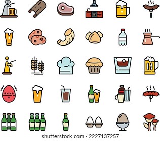 Fodd color icon set - meat, milk bottle, drink, sausage on fork, spike, meringue, chef hat, kitchen, egg stand, timer, drinks, turkish coffee, beer mug, whiskey, muffin, glass, cup, foam, tap