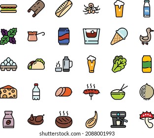 Fodd Color Icon Set - Milk Bottle, Sandwich, Tacos, Rice Bowl, Cheese, Ice Cream, Salami, Goose, Turkish Coffee, Instant, Machine, Chicken, Sausage On Fork, Cutlet, Egg Pack, Thermo Flask, Soda, Cup