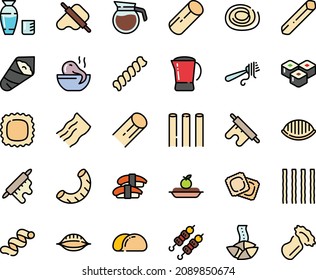 Fodd color icon set - octopus soup, fortune cookie, sashimi, sushi roll, kebab, rice vodka, temaki, dough and rolling pin, fork with pasta, ravioli, charlotte cake, coffee pot, tacos bread, penne