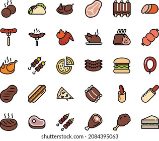 Fodd Color Icon Set - Pizza Piece, Burger, Meat, Tacos, Sausage On Fork, Fried Chiken Leg, French Hot Dog, Chinese Chicken, Kebab, Salami, Sausages, Ham, Ribs, Cutlet, Steak, Meatballs, Wing