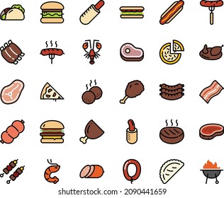 Fodd color icon set - pizza piece, burger, meat, hot dog, sandwich, tacos, sausage on fork, fried chiken leg, french, shrimp, lobster, calsone, salami, sausages, steak, ham, chicken, ribs, kebab