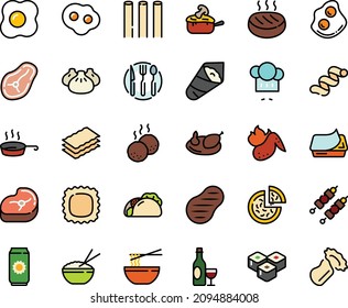 Fodd color icon set - pizza, tacos, rice bowl, dim sum, funchose, sushi roll, temaki, chef hat, wine, omelette, pate can, julienne, meat, chicken, kebab, cutlet, steak, meatballs, hot wing, pan