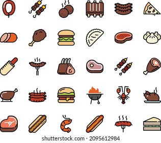 Fodd color icon set - pizza piece, burger, meat, hot dog, fried chiken leg, french, dim sum, chinese chicken, shrimp, kebab, lobster, calsone, salami, sausages, sausage on fork, steak, ham, roasted