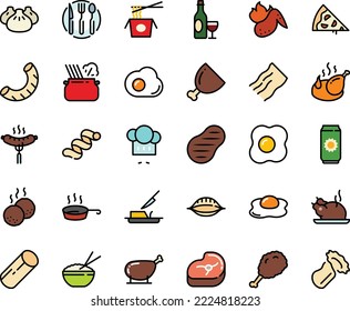 Fodd color icon set - pizza piece, fried chiken leg, rice bowl, dim sum, chinese pasta, chicken, chef hat, in pan, wine, sausage on fork, butter knife, ham, meat, steak, meatballs, hot wing