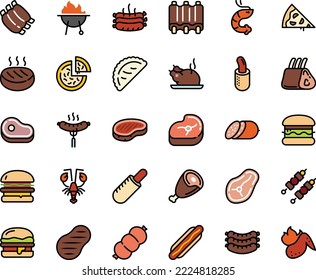 Fodd color icon set - pizza piece, burger, meat, hot dog, french, chinese chicken, shrimp, lobster, calsone, salami, sausages, sausage on fork, steak, ham, ribs, kebab, roasted, cutlet, bbq, wing
