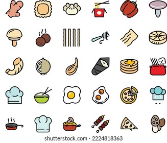 Fodd color icon set - pizza piece, chief hat, rice bowl, dim sum, chinese pasta, temaki, chef, fork with, in pan, omelette, julienne, pancakes, kebab, meatballs, bell pepper, ginger, onion, cardamon