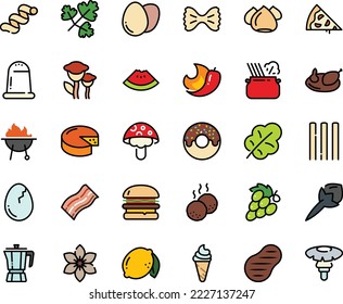 Fodd color icon set - pizza piece, watermelon, burger, donut, ice cream, pasta in pan, coffee pot, cheese, meringue, chicken, steak, sowbelly, meatballs, bbq, egg, broaken, salad leaf, lemon, grape