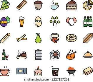 Juego de íconos de color de las frutas - pizza, ceremonia de té, almeja, verde, taza de café, vino, perrito caliente, bellota, pollo frito, baguette, top view, barbacoa, cúpula de plato, horno microondas, huevo brocado, huevos, pascua, soda