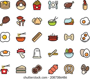 Fodd color icon set - plate spoon fork, salad, french fries, donut, fried chiken leg, rice bowl, chinese pasta, funchose, pretzel, omelette, pate can, baguette, hot dog, meringue, pancakes, sausage