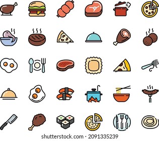 Fodd color icon set - plate spoon fork, pizza piece, dish dome, fried chiken leg, octopus soup, funchose, sashimi, sushi roll, with pasta, sausage on, steak, ham, omelette, burger, meat, cutlet