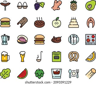 Fodd color icon set - plate spoon fork, burger, oyster, coffee pot, grape, sausage on, pretzel, beer glass, chicken, fish steak, cutlet, knife, ladle, stove, top view, egg stand, whiskey, big cake