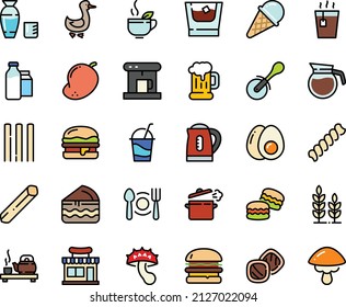 Fodd color icon set - plate spoon fork, burger, cafe shop, hot tea, ceremony, green, rice vodka, pizza roll knife, ice cream, beer mug, cocktail, goose, coffe maker, milk bootle and pack, eggs yolk