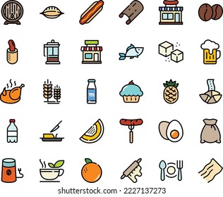 Fodd color icon set - Plattenlöffel Gabel, Cupcake, Café, Milchflasche, hot dog, shop, Würstchen on, Fisch, Glückskeks, Spitzhirsche, Bierfass, Pommes Frites, Pommes Frites, Pommes Frites, Presse, Buttermesser, Kaffeemühle