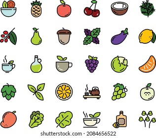 Fodd color icon set - salad, green tea, ceremony, basil, lemoncello, olive oil, acorn, coffee tree, hop, cabbage, arugula, eggplant, leaf, cherry, citrus, lemon, raspberry, coconut, pear, grape