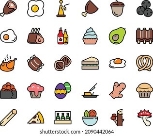 Fodd color icon set - salad, pizza piece, gunkan, ham, pretzel, ketchup, acorn, fried chicken, cupcake, butter knife, ribs, omelette, easter egg, sanwich, muffin, cookies, beer pack, tap, avocado