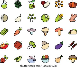 Fodd Color Icon Set - Salad, Tacos, Hot Pepper, Octopus Soup, Olive Oil, Kebab, Smoothies, Potato, Carrot, Beet, Corn, Asparagus, Peas, Cabbage, Onion, Broccoli, Pumpkin, Bell, Eggplant, Beans, Dill