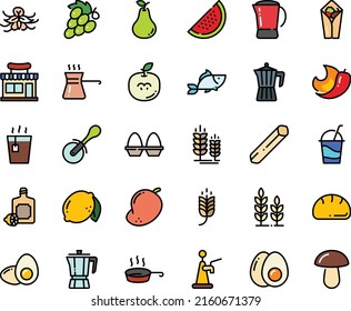 Fodd color icon set - spike, cafe shop, burito, hot tea, fish, pizza roll knife, lemoncello, coffee pot, cocktail, pan, egg stand, eggs yolk, turkish, bread, wheat, beer tap, lemon, watermelon, pear