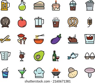 Fodd Color Icon Set - Spike, Hot Tea, Fish, Funchose, Chinese Chicken, Olive Oil, Wine, Pretzel, Beer Barrel, Cocktail, Iced Coffee, French Press, Irish, Bbq, Chef Hat, Beaker, Egg Stand, Mug, Cake