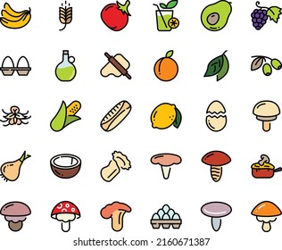 Fodd color icon set - spike, dough and rolling pin, olives, olive oil, grape, julienne, egg stand, broaken, pack, smoothies, corn, onion, tomato, banana, plum, lemon, coconut, avocado, vanilla, cep