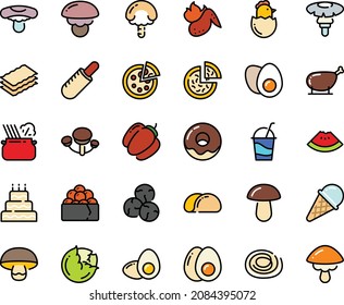 Fodd color icon set - watermelon piece, pizza, french hot dog, gunkan, pasta in pan, ice cream, donut, cocktail, chicken leg, wing, eggs yolk, chick egg, big cake, tacos bread, cabbage, bell pepper