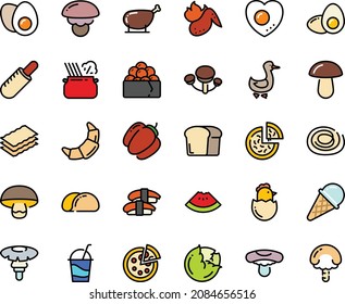 Fodd color icon set - watermelon piece, pizza, french hot dog, sashimi, gunkan, pasta in pan, ice cream, croissant, cocktail, goose, chicken leg, wing, eggs yolk, chick egg, love, bread, tacos