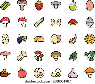 Fodd color icon set - watermelon piece, olive oil, grape, julienne, egg, stand, broaken, eggs yolk, tacos bread, asparagus, squash, citrus, strawberry, apple fruit, garlic, bay leaf, cardamon, cep