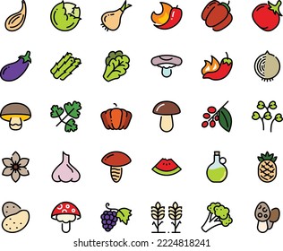Conjunto de íconos de color de la marea - pieza de sandía, pimienta caliente, aceite de oliva, uva, árbol de café, espigas, papa, espárragos, col, arugula, cebolla, brócoli, calabaza, campana, tomate, berenjena, piña, chile