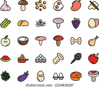 Fodd color icon set - watermelon piece, dough and rolling pin, omelette, cheese, julienne, egg, stand, broaken, pack, tacos bread, asparagus, onion, tomato, eggplant, raspberry, coconut, mango, dill