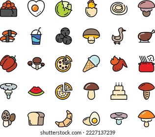 Fodd color icon set - watermelon piece, pizza, sashimi, gunkan, pasta in pan, ice cream, croissant, cocktail, goose, chicken leg, hot wing, chick egg, love, yolk, bread, big cake, cabbage, capers
