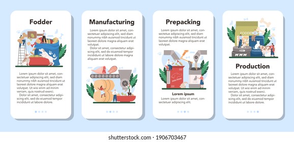 Fodder industry mobile application banner set. Food for pet production. Dog and cat bowl and food package. Meal for domestic animal. Isolated flat vector illustration