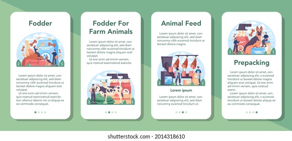 Fodder industry mobile application banner set. Food for pet production. Dog and cat bowl and food package. Meal for farm and domestic animal. Isolated flat vector illustration