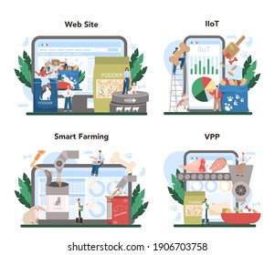 Fodder Industry Online Service Or Platform Set. Food For Pet Production. Dog And Cat Bowl And Food Package. Meal For Domestic Animal. Online IIoT, Smart Factory, VPP, Website. Flat Vector Illustration