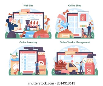 Fodder industry online service or platform set. Food for pet and domestic animal production. Dog and cat food package. Online shop, inventory, vendor management, website. Flat vector illustration